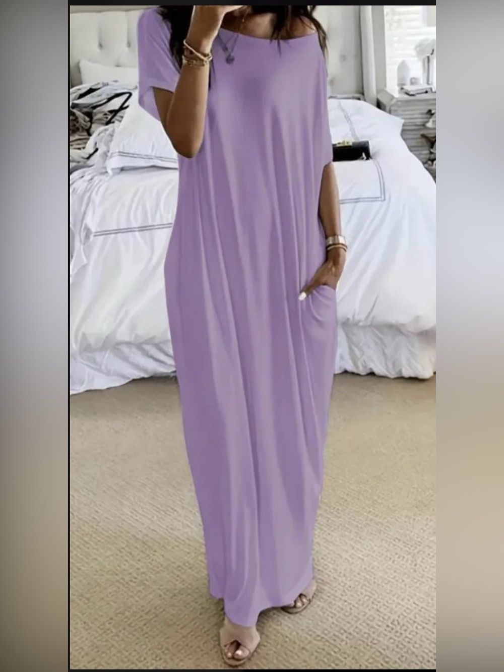 Women’s One-Shoulder Bat Wing Black Maxi Dress with Side Pockets